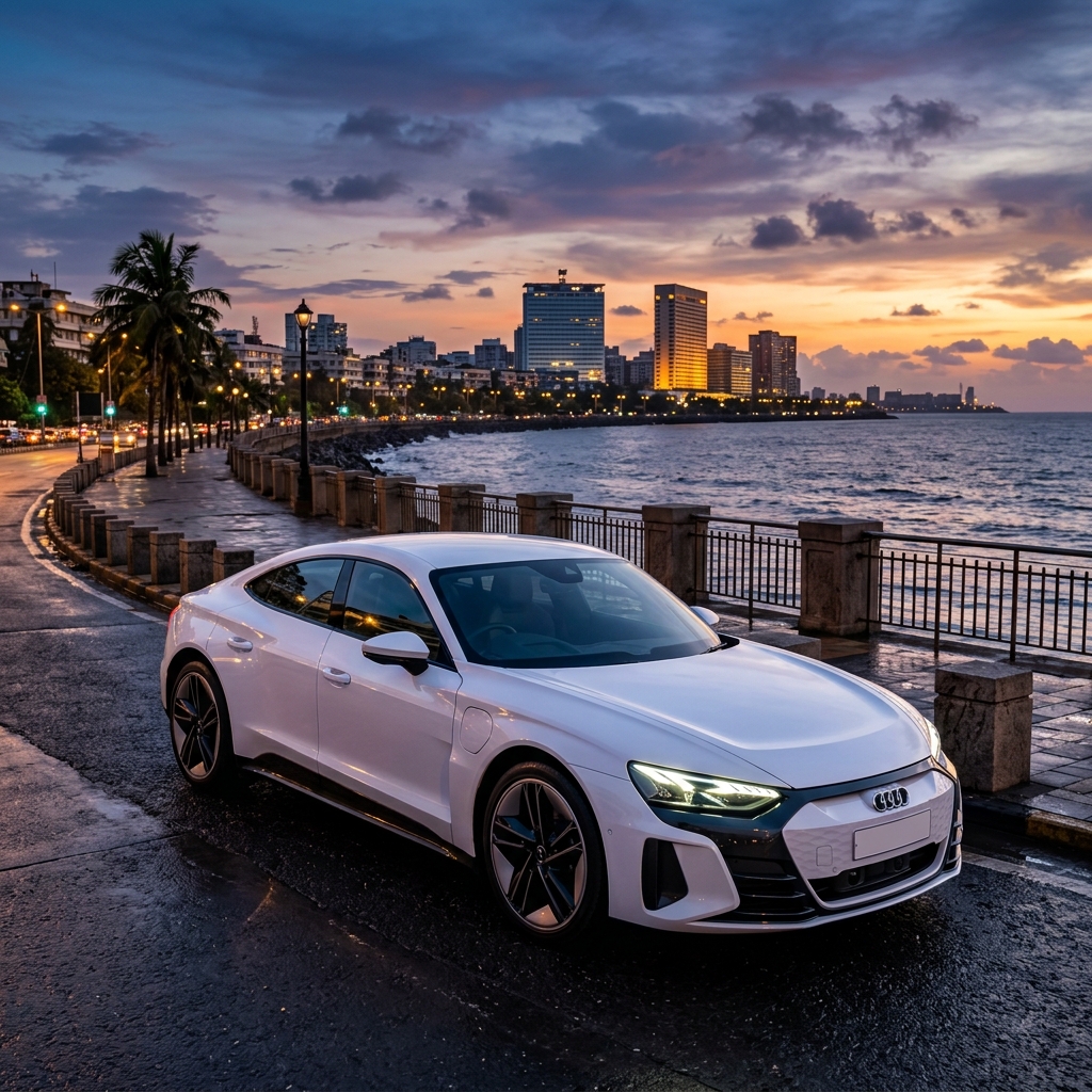 Premium self drive car on a Mumbai seafront road at night